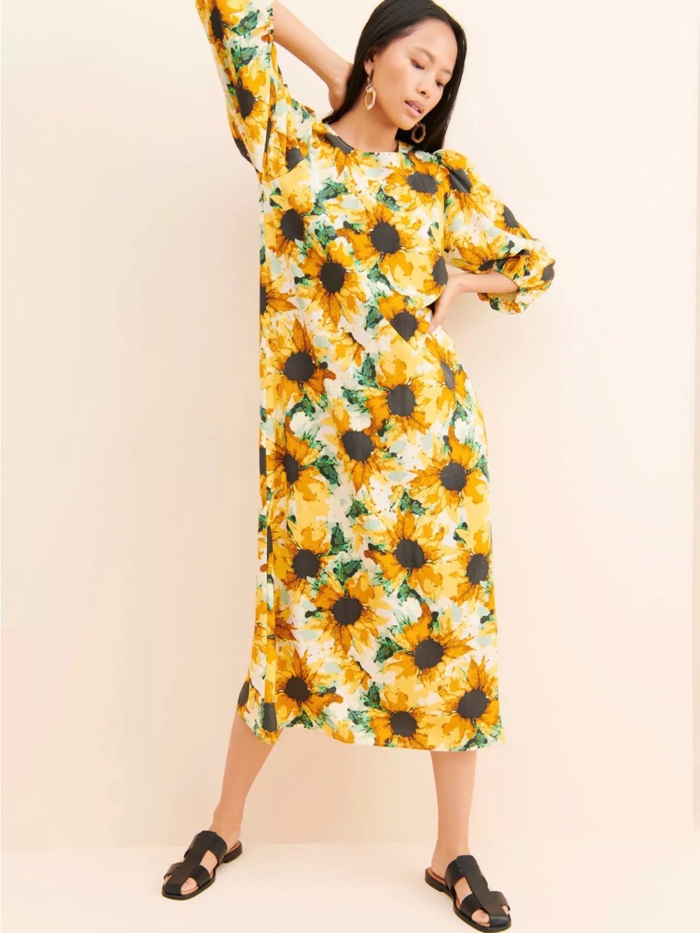 Anthropologie Yellow Sunflower Print Midi Dress